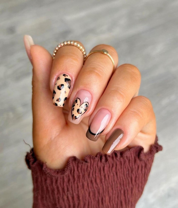 35 Fresh Autumn Nail Art Ideas To Try Now — Leopard Heart + Brown French Tip Nails