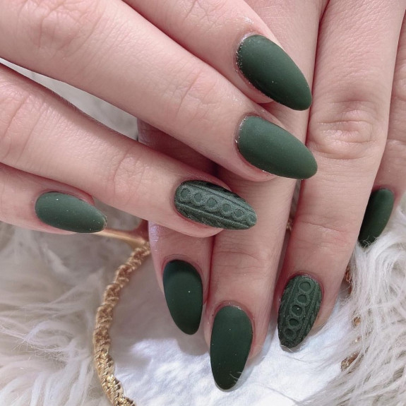 35 Fresh Autumn Nail Art Ideas To Try Now — Matte Green Sweater Nails