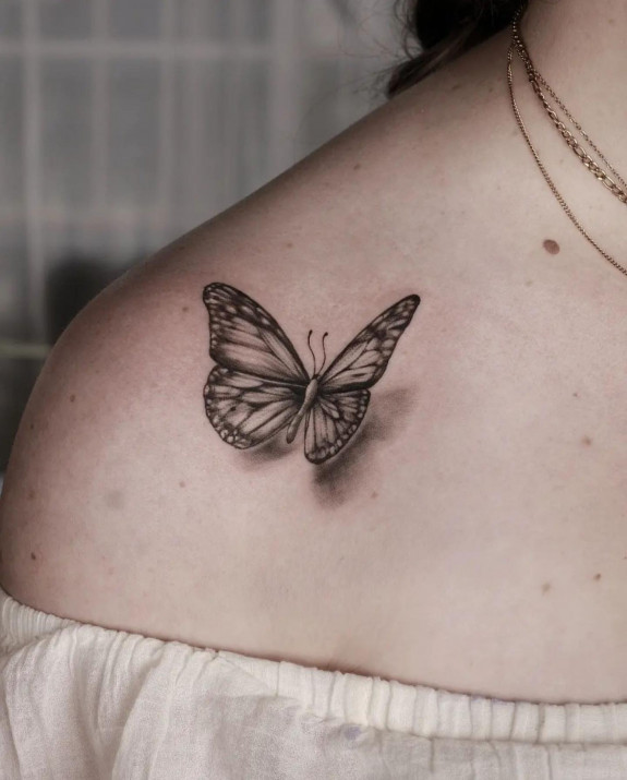 40 Beautiful Butterfly Tattoo Ideas — Shaded 3D Butterfly Tattoo Shoulder