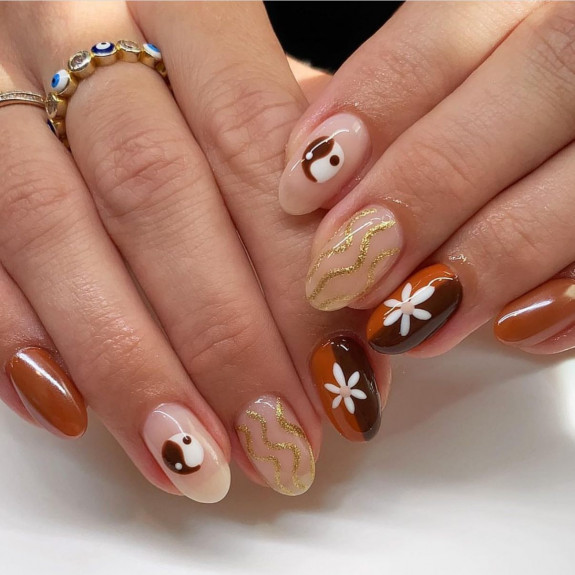 35 Fresh Autumn Nail Art Ideas To Try Now — Flower, Swirl, Yin-Yang Brown Nails