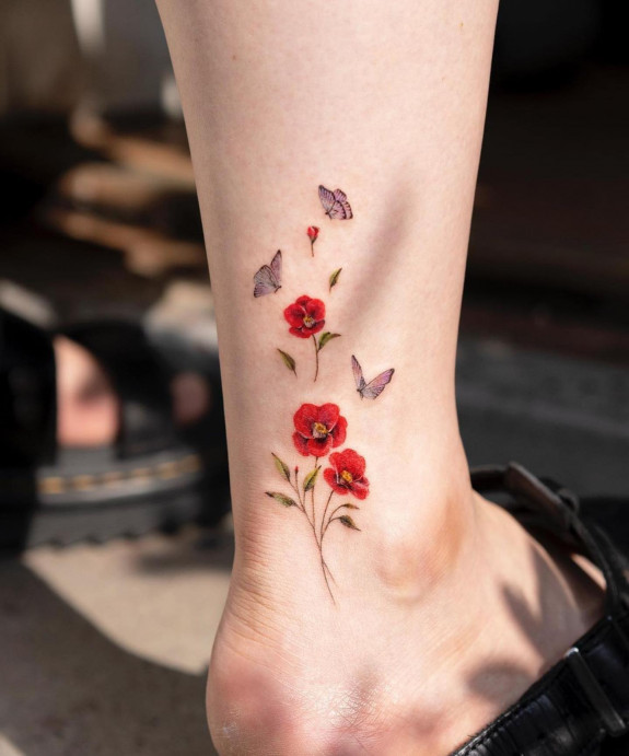 40 Beautiful Butterfly Tattoo Ideas — Red Flower + Butterfly Tattoo