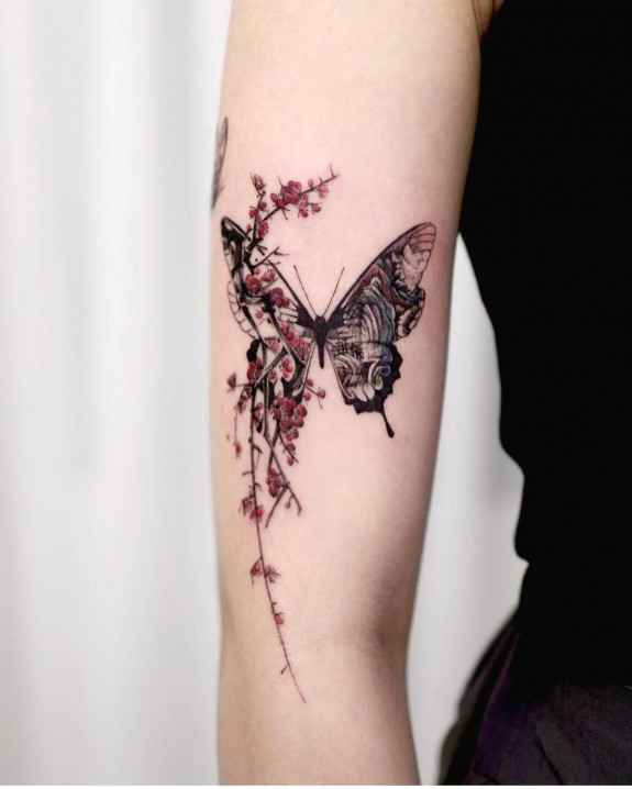 40 Beautiful Butterfly Tattoo Ideas — Butterfly & Red Leave Arm Tattoo