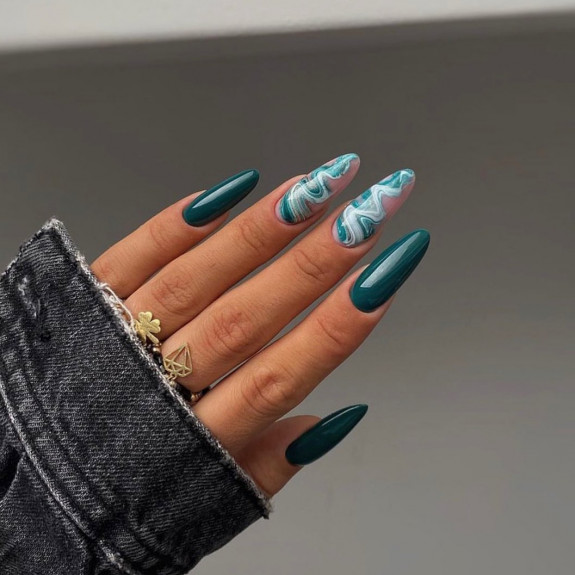 31 Beautiful Green Nail Designs For Fall — Green and White Marble Almond Nails