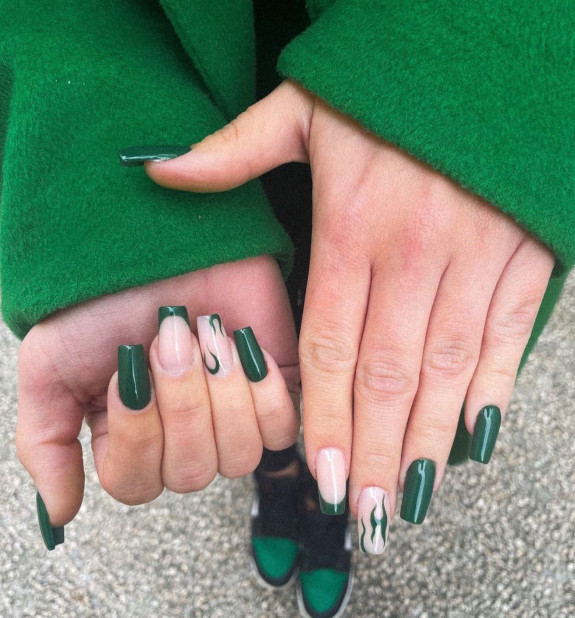 31 Beautiful Green Nail Designs For Fall — Green French + Flame Tip Nails