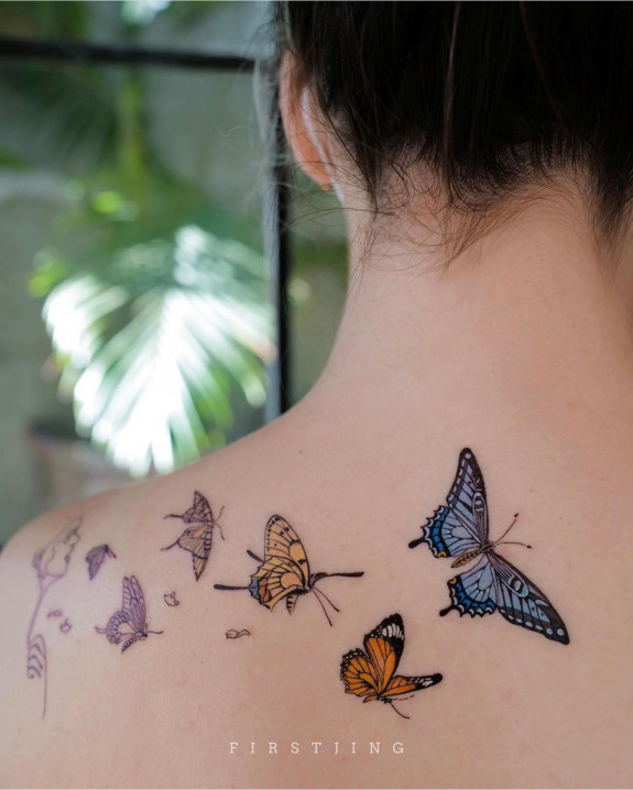 40 Beautiful Butterfly Tattoo Ideas — Colored Butterfly Back Shoulder Tattoo