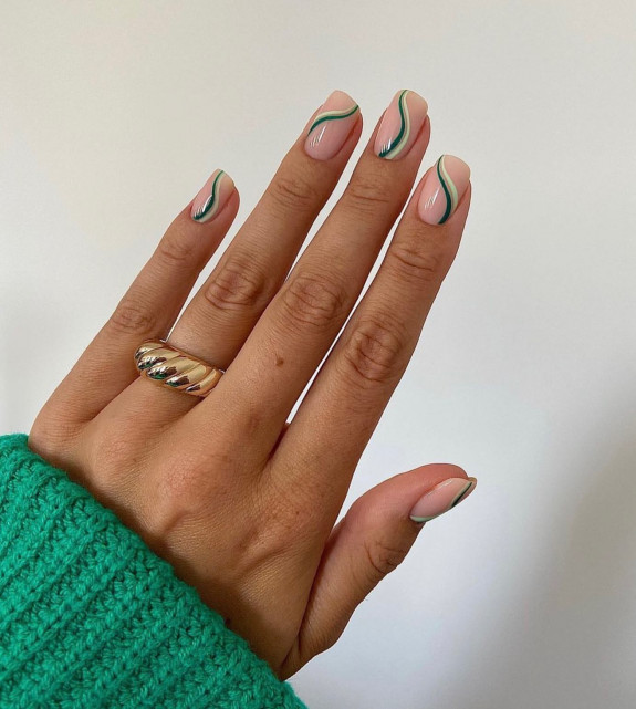 31 Beautiful Green Nail Designs For Fall — Green and White Swirl Sheer Nails