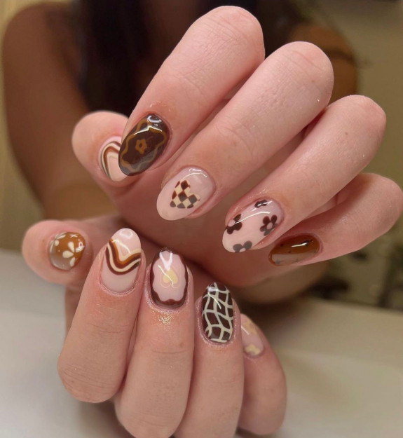 30 Pretty Fall Nail Designs in 2022 — Mixed Brown Detailing Sheer Nails