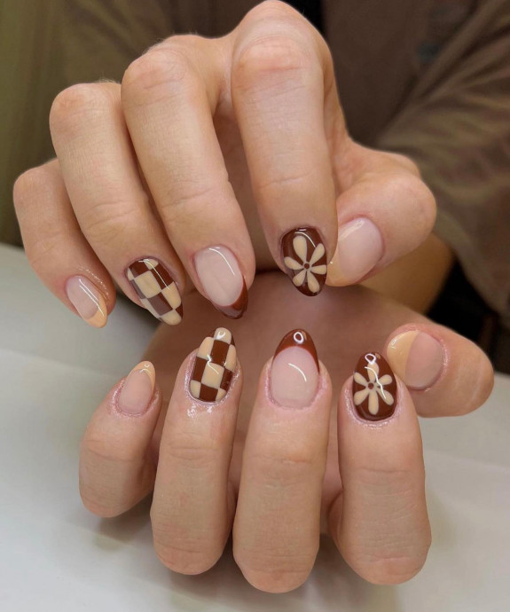 30 Pretty Fall Nail Designs in 2022 — Brown Checker Board  and Flower Nails