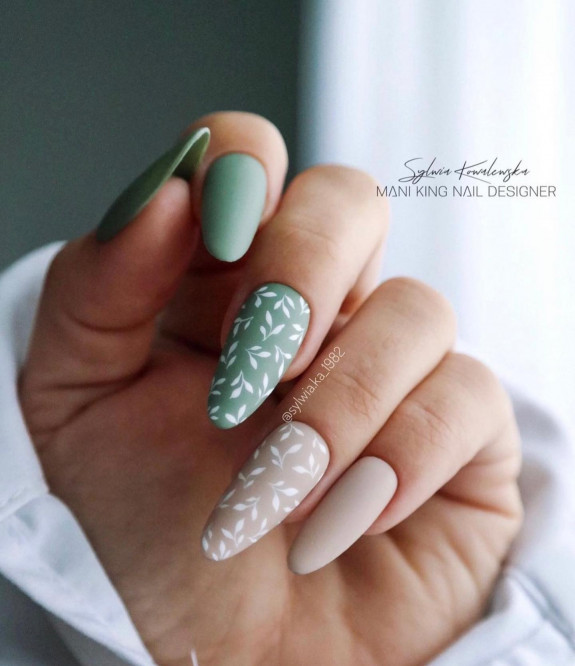 30 Pretty Fall Nail Designs in 2022 — Matte Green and Nude Nails