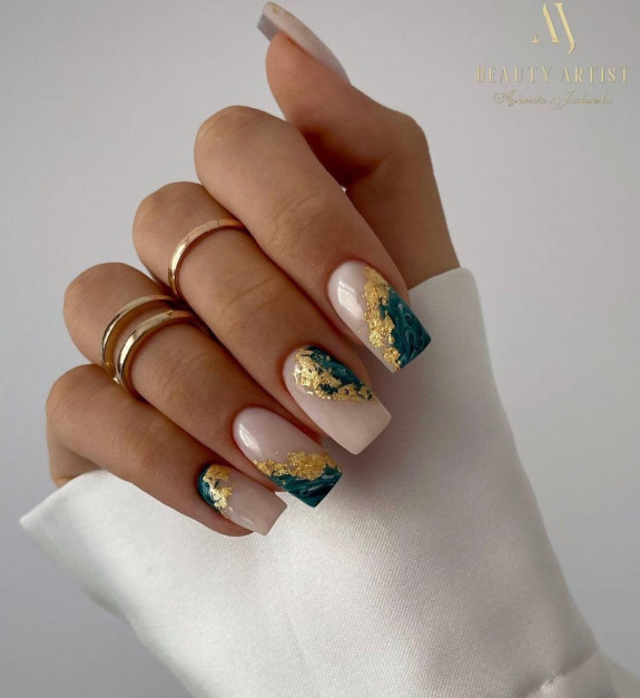 30 Pretty Fall Nail Designs in 2022 — Abstract Green Marble Nails