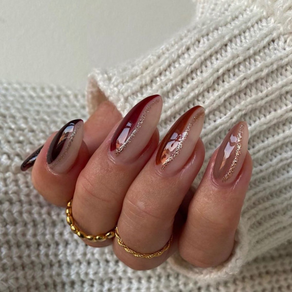 30 Pretty Fall Nail Designs in 2022 — Brown and Glitter Shiny Nails