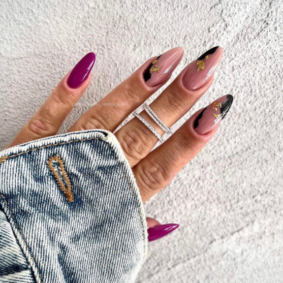 30 Pretty Fall Nail Designs in 2022 — Purple + Black Abstract + Gold Foil Nails