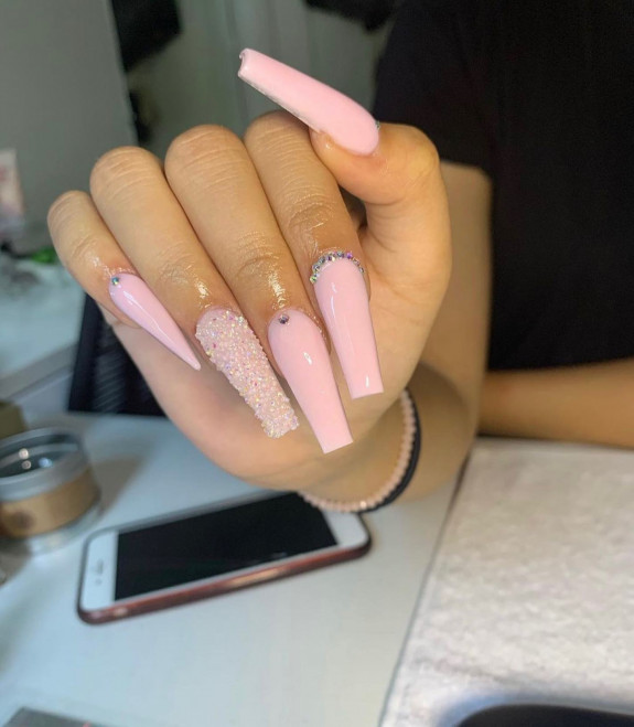 32 Pink Colored Coffin Nails — Textured Pink Coffin Nails