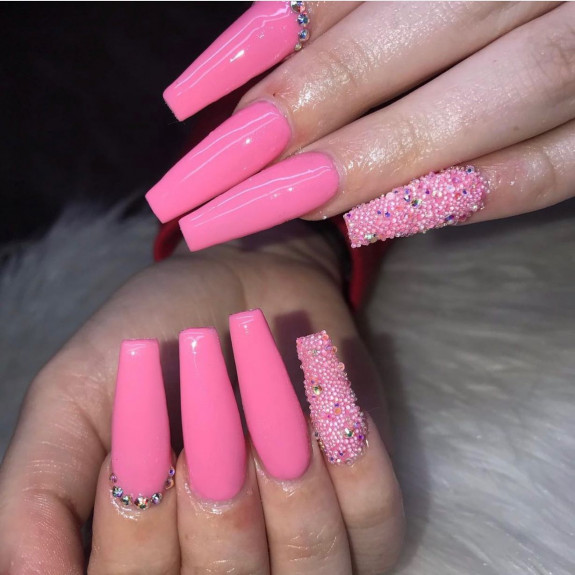 32 Pink Colored Coffin Nails — Diamante Cuff Pink Nails