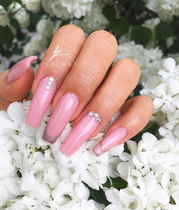 32 Pink Colored Coffin Nails — Rose Pink Glitter Tip Pink Nails