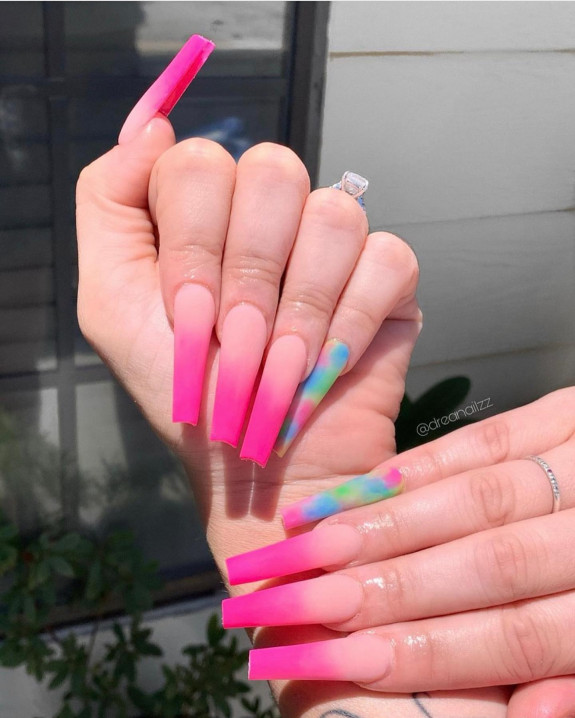 32 Pink Colored Coffin Nails — Tie Dye + Matte Hot Pink Ombre Nails