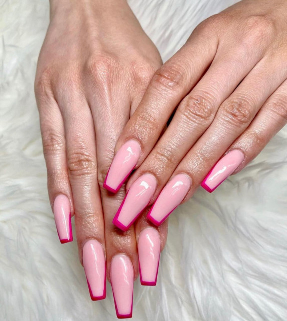 32 Pink Colored Coffin Nails — Hot Pink Outline Tip Nails