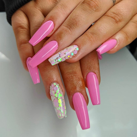 32 Pink Colored Coffin Nails — Pink Decal + Barbie Pink Nails