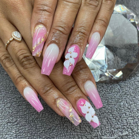 32 Pink Colored Coffin Nails — 3D Flower + Pink Marble + Ombre Pink Nails