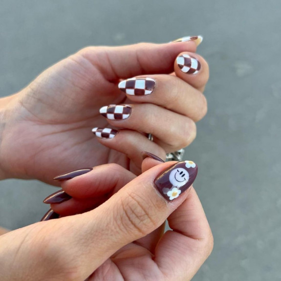 25 Autumnal Nails in 2022 — Brown Smile + Brown Checker Board Nails