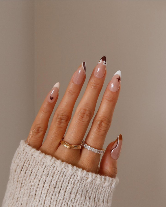 25 Autumnal Nails in 2022 — Brown and White Almond Nails