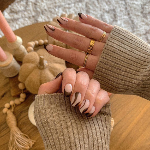 25 Autumnal Nails in 2022 — Brown Swirl + French Tip Nails