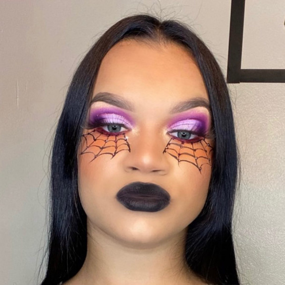 35 Creepy Spider Makeup Ideas for Halloween 2022 —Purple Eyeshadow Orange Web Makeup