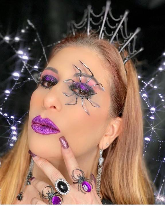 30 Halloween Makeup Looks for 2022 — Purple Eye Makeup with 3D Spider