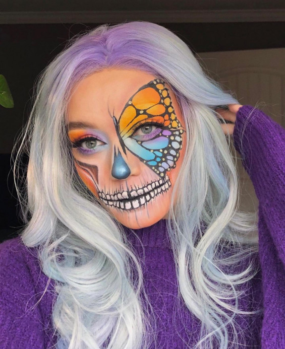 30 Halloween Makeup Looks for 2022 — Skull Makeup with Butterfly Effects