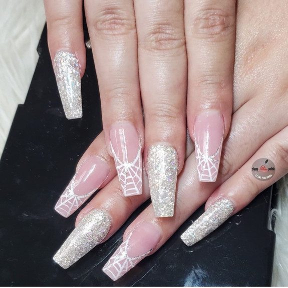 80+ Gorgeous Halloween Acrylic Nails — White Spider Web French Tip Nails