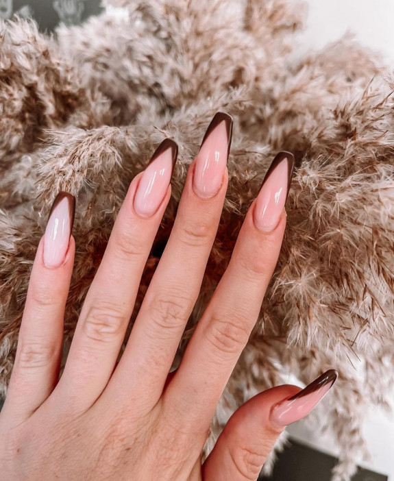 40+ Thanksgiving Nail Ideas — Brown V French Tip Nails