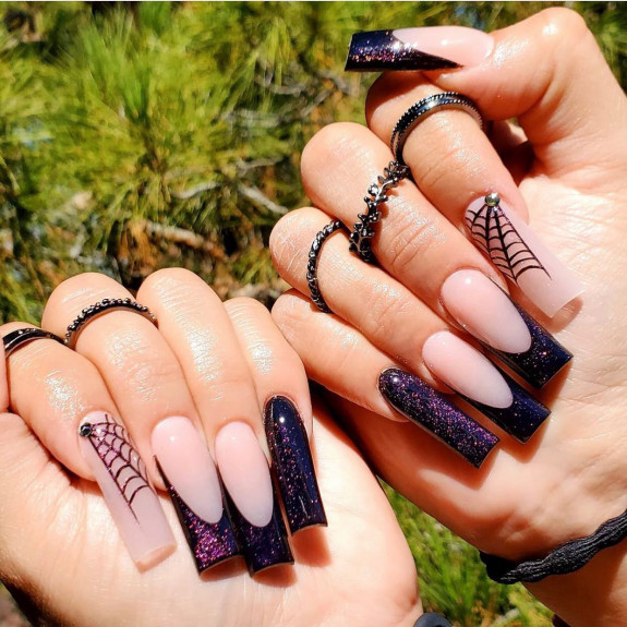 80+ Gorgeous Halloween Acrylic Nails — Dark French Tip Nails with Spider Web