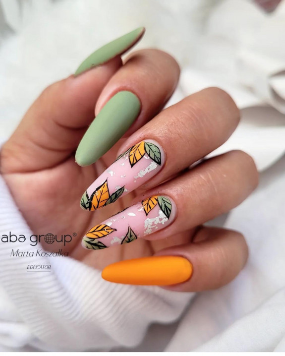 40+ Thanksgiving Nail Ideas — Matte Green and Orange Almond Nails