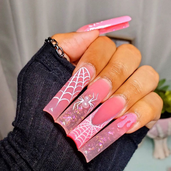 80+ Gorgeous Halloween Acrylic Nails — Barbie Pink Translucent Halloween Nails