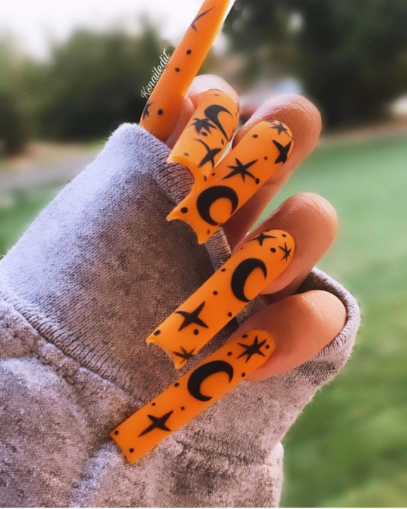 80+ Gorgeous Halloween Acrylic Nails — Orange Halloween Acrylic Long Nails