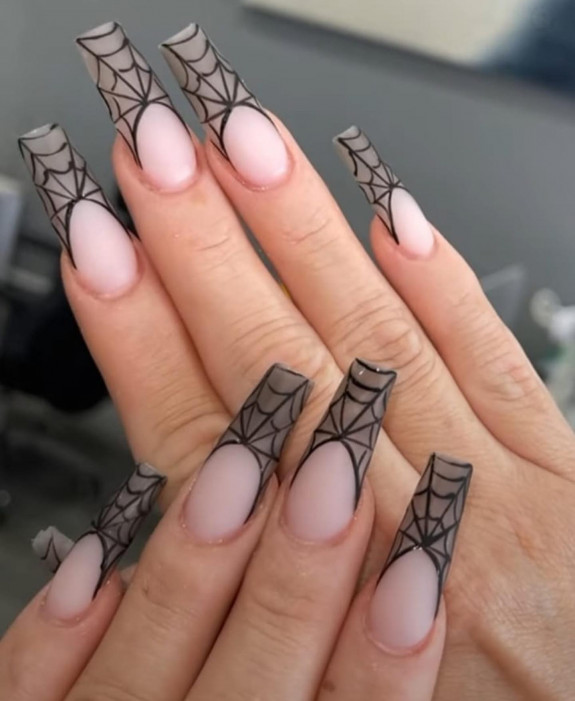 80+ Gorgeous Halloween Acrylic Nails — Simple Black Spider Web French Tip Nails