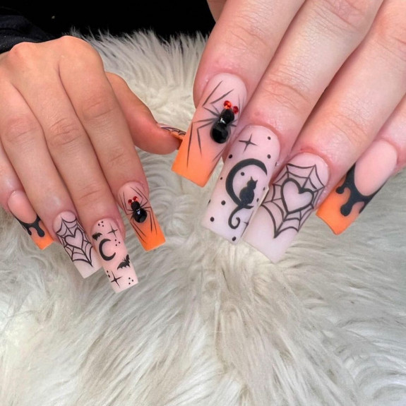 halloween nails, halloween acrylic nails, halloween acrylic nails long, long acrylic nails, halloween nail ideas, halloween nail designs, halloween nails 2022, spooky nails, pumpkin nails, spider nails, stiletto nails, halloween stilletto nails, halloween nails coffin