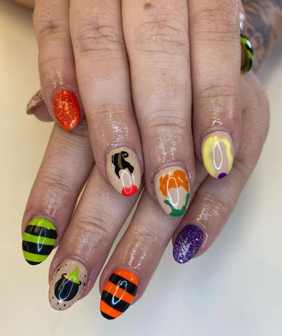 30+ Hocus Pocus Nail Ideas — Green, Black & Orange Strip Nails