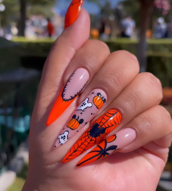 80+ Gorgeous Halloween Acrylic Nails — Orange and Nude Stiletto Nails