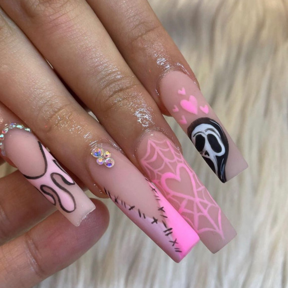 80+ Gorgeous Halloween Acrylic Nails — Scream Face Matte Nude Nails with Pink Details