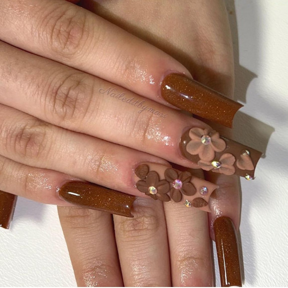 40+ Thanksgiving Nail Ideas — 3D Flower Embellishment Acrylic Nails