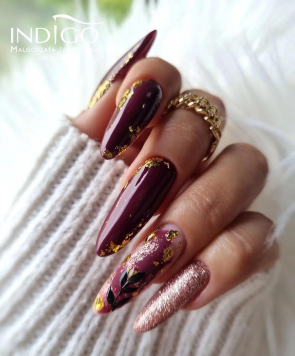 40+ Thanksgiving Nail Ideas — Berry Long Nails with Gold Foil