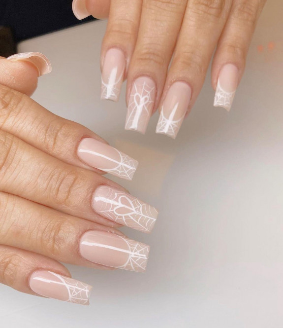 80+ Gorgeous Halloween Acrylic Nails — Spider Web French Tip Nails