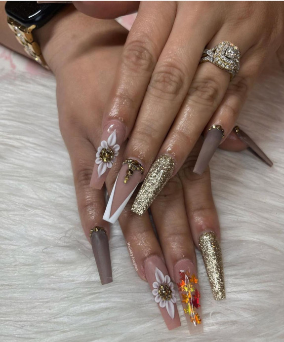 40+ Thanksgiving Nail Ideas — 3D Flower Brown and Glitter Coffin Nails