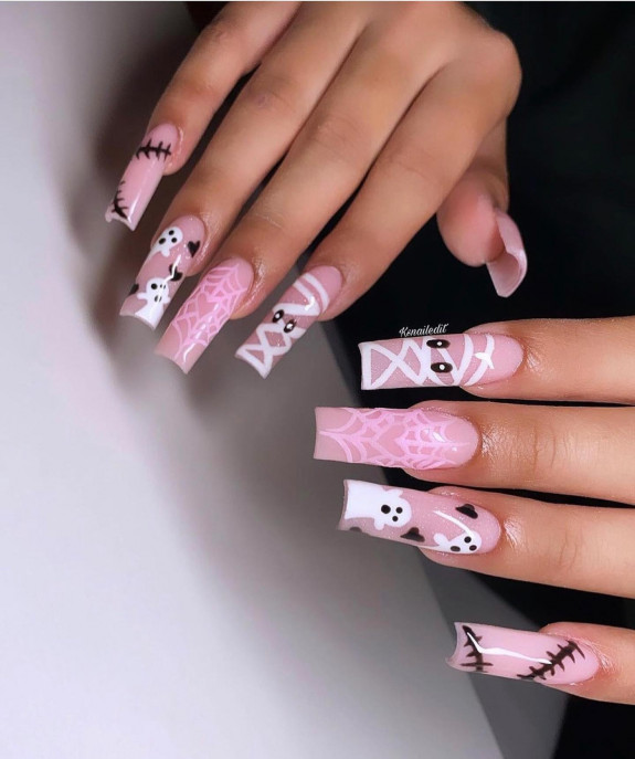 80+ Gorgeous Halloween Acrylic Nails — Pink Spider Web Nude Pink Sheer Nails