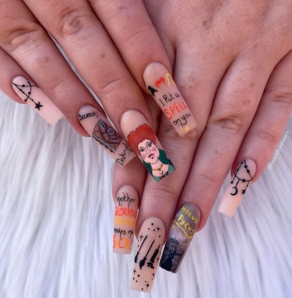 30+ Hocus Pocus Nail Ideas — Nude Matte Coffin Nails