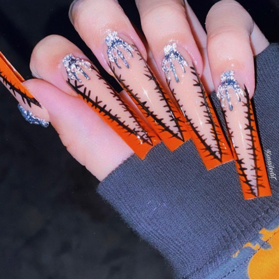 80+ Gorgeous Halloween Acrylic Nails — Black and Orange Stitch Nails