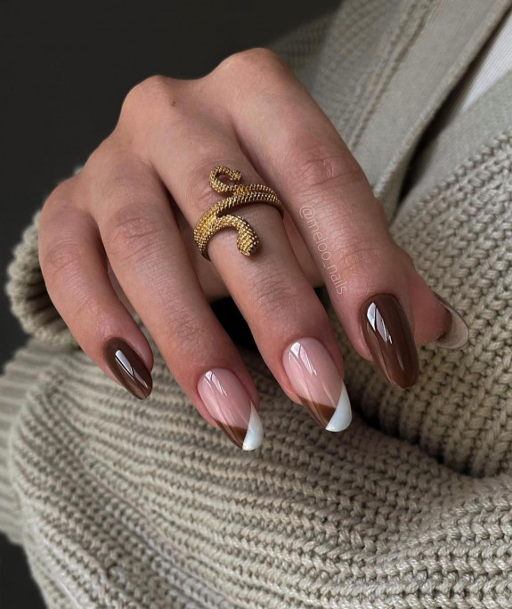 40+ Thanksgiving Nail Ideas — Chocolate Brown and White Tip Nails