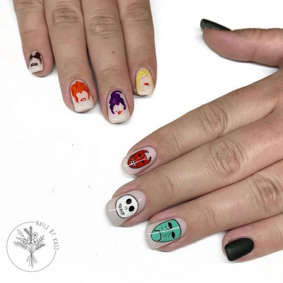 30+ Hocus Pocus Nail Ideas — Mismatched Hocus Pocus Short Nails