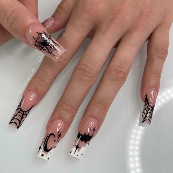 80+ Gorgeous Halloween Acrylic Nails — Spider Web Nude Glossy Nails